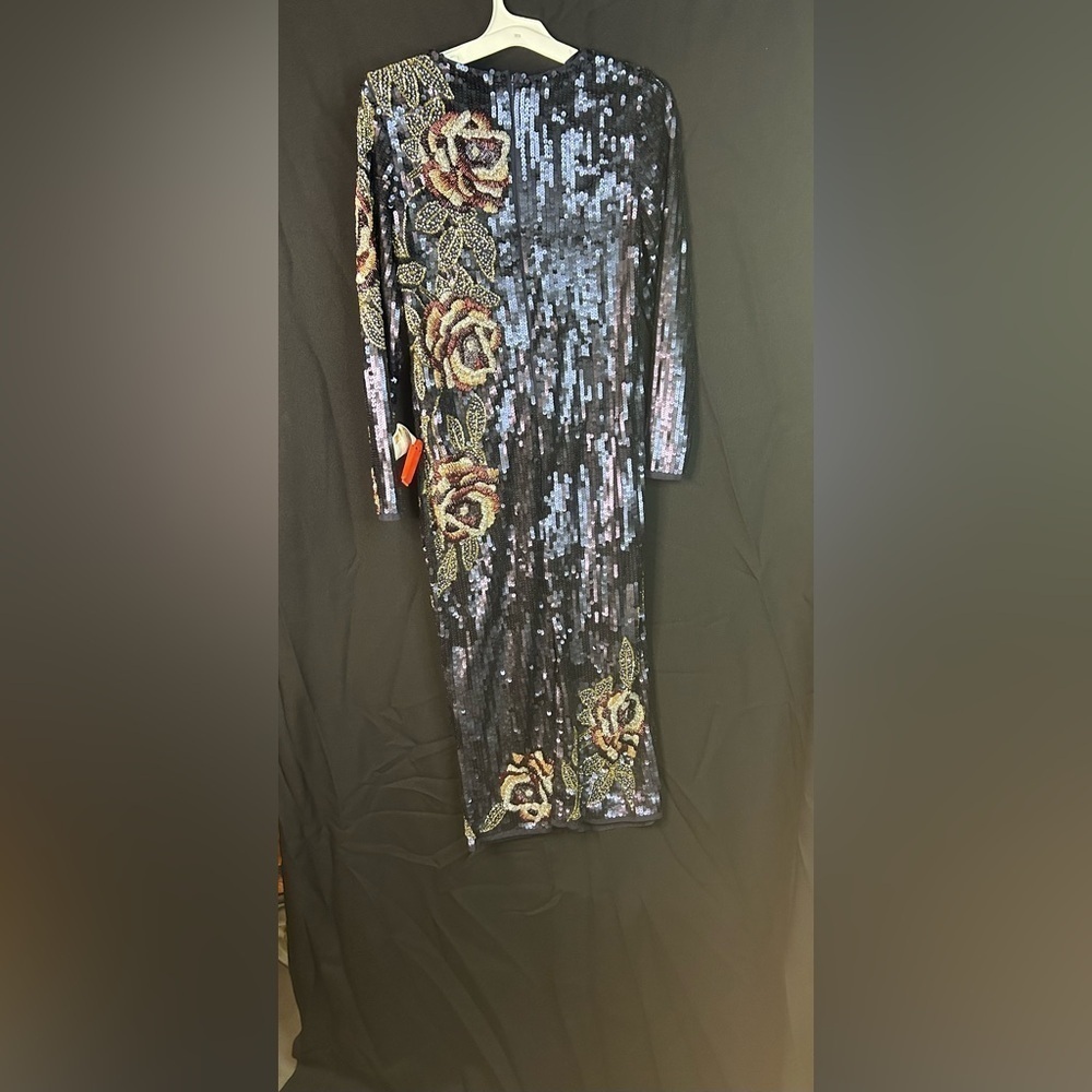 Mac Duggal 93624 NWT SEQUINED ASYMMETRICAL FLORAL LONG SLEEVE MIDI DRess - Picture 6 of 10